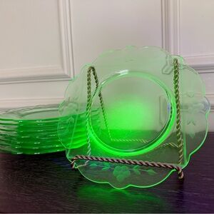 Pair (2) American Fostoria Uranium Green Scalloped Plates